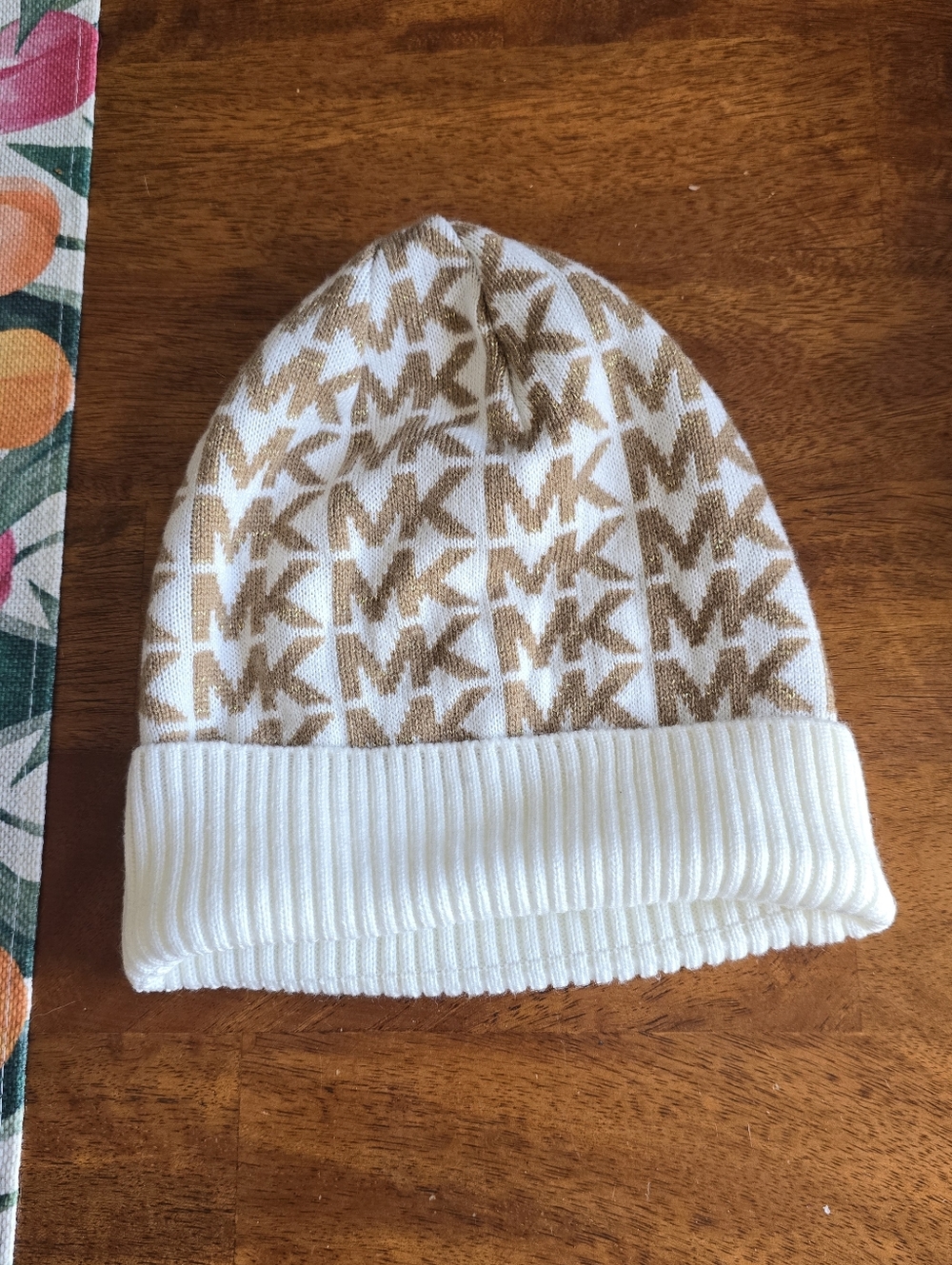 Michael Kors Kids White & Brown MK Logo Knit Beanie